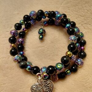 Handcrafted Colorful Memory Wire Lava Beaded Bracelet with Heart Charm